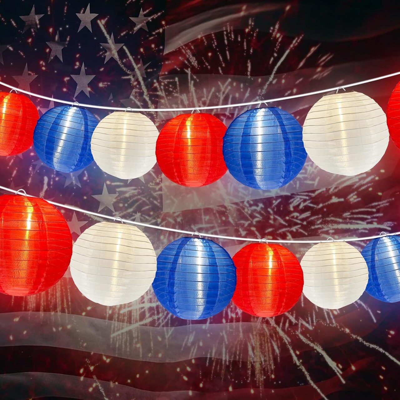 4th of July Decorations - Red White and Blue Lantern String Lights